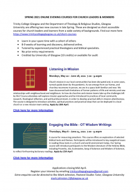 SPRING 2021 Online Evening Courses For Church Leaders & Members